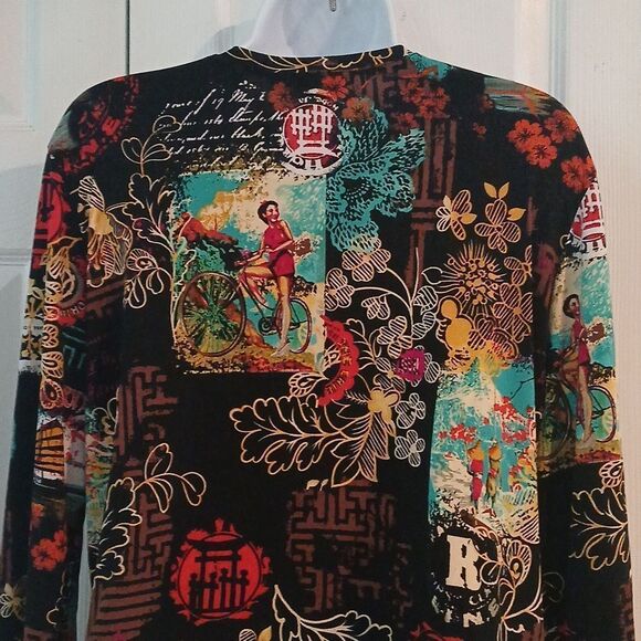 Investments black Asian Orient print long sleeve blouse Sz XL - Picture 6 of 8